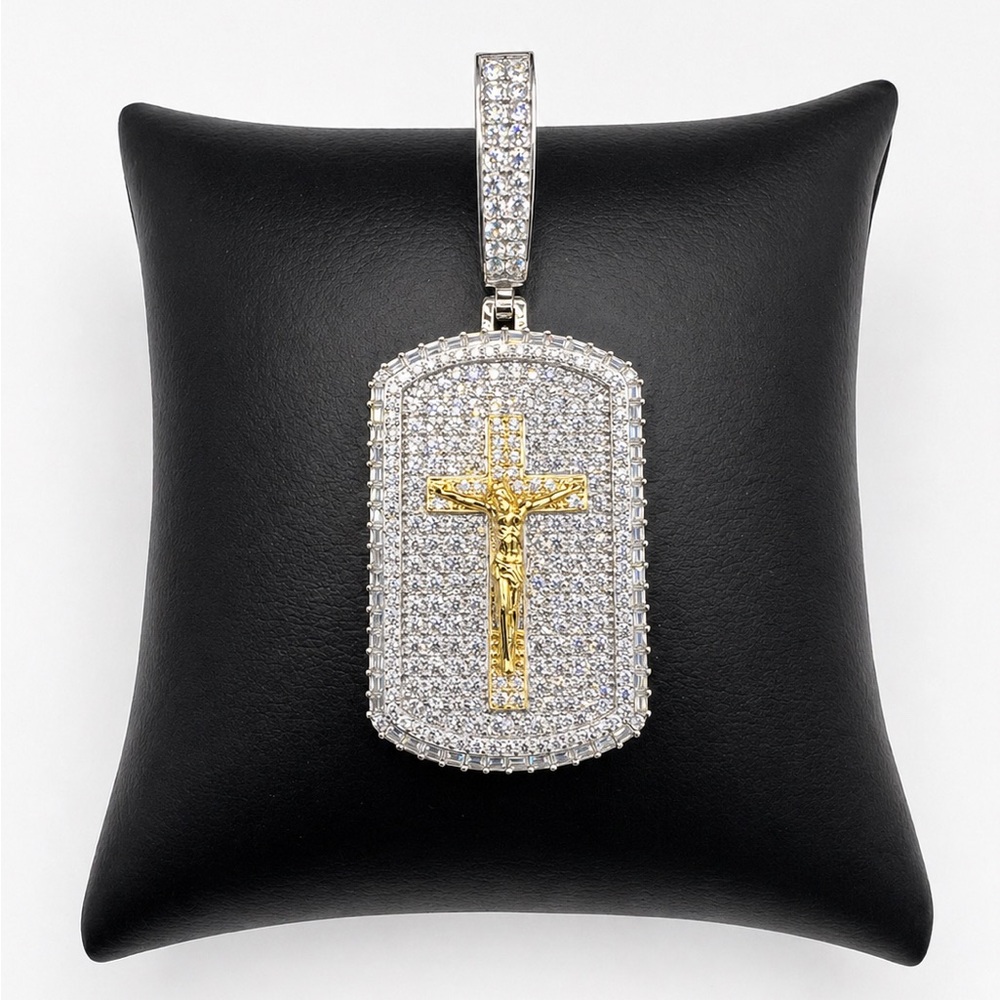 Crucifix Pavé Dog Tag Pendant - Two-Tone 925 Sterling Silver 2.50CT MOISSANITE